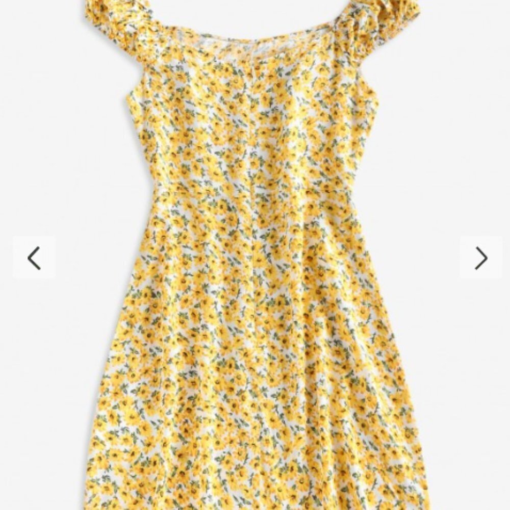 Off Shoulder Ditsy Yellow Floral Print Sleeveless Mini Dress